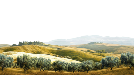 Serene landscape view of Tuscan hills with olive trees in summer isolated on transparent background