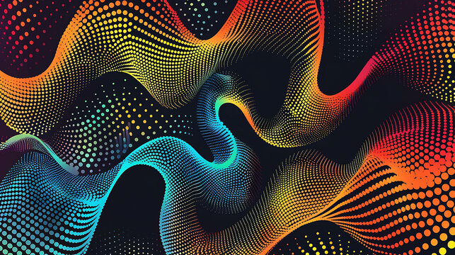 A colorful abstract pattern of dots forming wavy lines on a black background.
