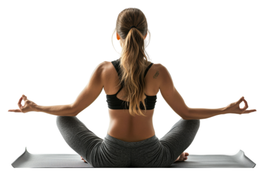 Practicing yoga indoors with a tranquil focus on wellness isolated on transparent background