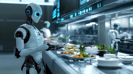 Fototapeta premium A futuristic dining experience with robotic chefs preparing gourmet meals in a high-tech, automated kitchen