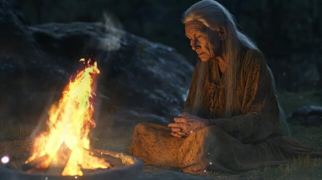 a long-haired grandmother sitting pensive in front of a campfire on a beautiful evening. seamless looping time-lapse virtual 4k video Animation Background.