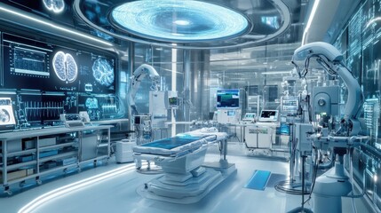Fototapeta premium A futuristic medical lab with advanced diagnostic equipment, robotic assistants, and holographic patient data displays