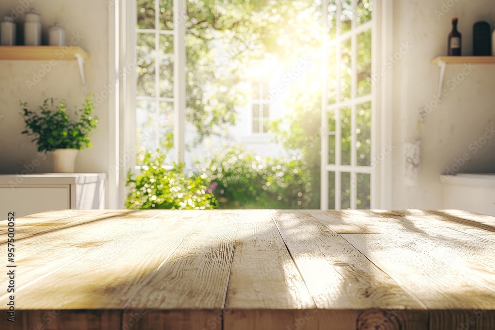 Poster empty wooden table top with blurred background of window with sunny garden view.