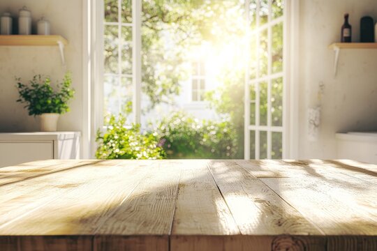 Fototapeta Empty wooden table top with blurred background of window with sunny garden view.