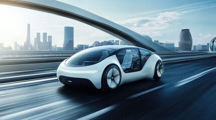A sleek, self-driving car cruising through a futuristic urban landscape, symbolizing innovation and the future of transportation