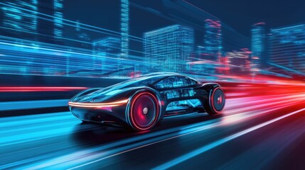 Obraz premium A sleek, self-driving car cruising through a futuristic urban landscape, symbolizing innovation and the future of transportation