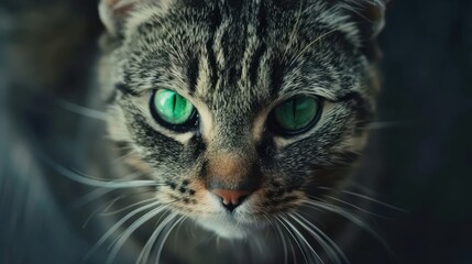 Fototapeta premium Close-Up Portrait of a Green-Eyed Tabby Cat with Intense Gaze and Detailed Fur Texture