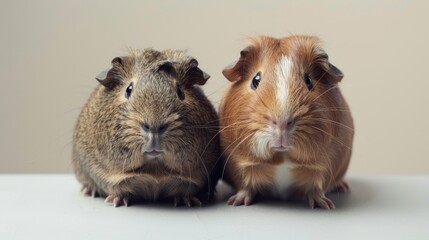 Adorable Close-Up of Two Guinea Pigs Sitting Side by Side on a Neutral Background