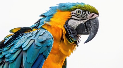 Fototapeta premium Vibrant Blue and Yellow Macaw Parrot Close-Up on White Background