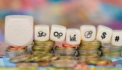 Dice with company related symbols on coins and a larger blank die where you can insert your text or image