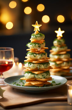Christmas tree tower cheese canape made with golden-brown crackers layered with creamy, white cheese and garnished with finely chopped green herbs. Festive Christmas Tree Bite stack topped with star.