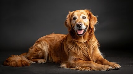 Golden Retriever Dog Lying on Dark Background with Happy Expression and Fluffy Fur