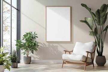 Poster Frame in Beige minimalist living room interior created with generative AI