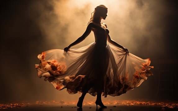 Generative AI of Ethereal Dancer with Fiery Gown Concept: Graceful Ballet Performance in Mystical Flames, Artistic Expression through Dramatic Silhouettes, Elegance and Passion on Illuminated Stage