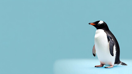 Naklejka premium A penguin stands on a light blue background, looking to the right.