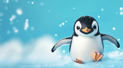 Fototapeta premium Cute penguin waddling through snow on blue background.