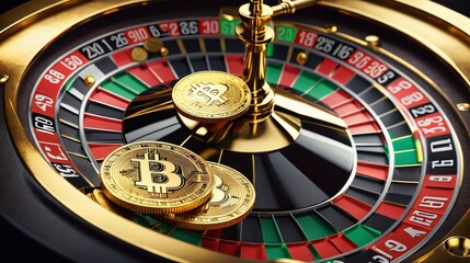 Naklejka premium Golden Bitcoin Resting on Top of a Roulette Wheel