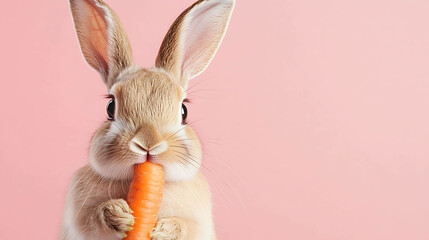 Close-up of a cute bunny rabbit eating a carrot in front of a pink background.