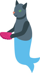 Black cat mermaid holding a scallop shell in an isometric illustration