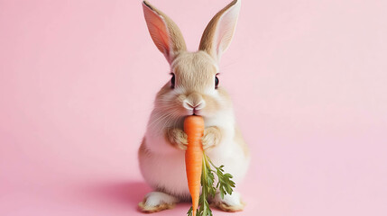A cute bunny rabbit eats a carrot against a pink background.