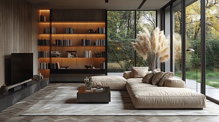 Obraz premium Modern living room with wooden accents and large windows. 3D Rendering 