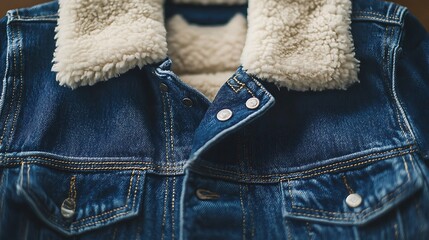 Close-up of a denim jacket with a shearling collar.