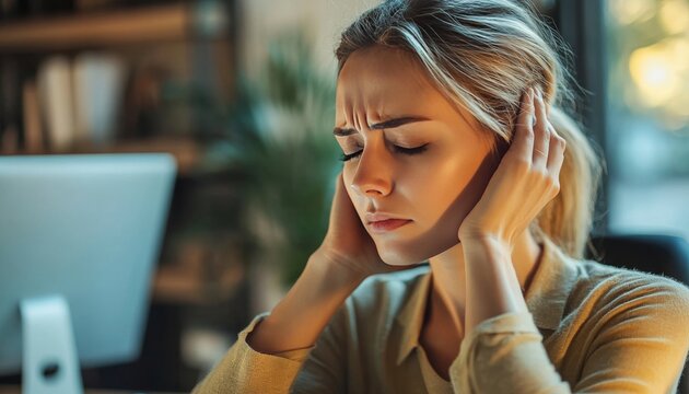 Exhausted young woman suffering from neck pain due to prolonged computer use and muscle fatigue