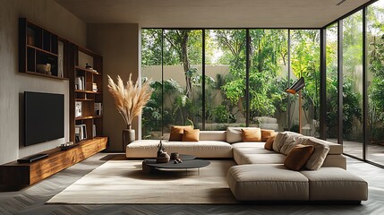 Fototapeta premium Modern living room with wooden accents and large windows. 3D Rendering 