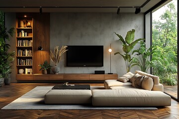 Fototapeta premium Modern living room with wooden accents and large windows. 3D Rendering 