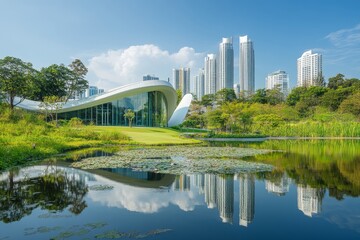 Fototapeta premium Stunning landscape of a scenic park surrounded by contemporary architecture and greenery