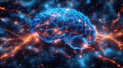  Human brain stimulation or activity with neuron close-up 3D rendering illustration. Neurology, cognition, neuronal network, psychology, neuroscience scientific concepts design 