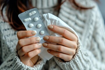 A woman holds a medicinal spray in her hands, a pack of pills and a handkerchief. close-up