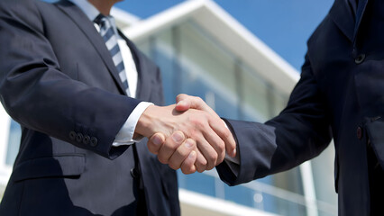 Close-up of a Professional Handshake in Front of a Modern House, Signifying a Successful Real Estate Transaction or Agreement