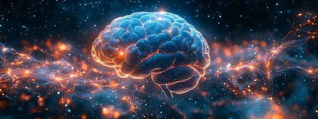  Human brain stimulation or activity with neuron close-up 3D rendering illustration. Neurology, cognition, neuronal network, psychology, neuroscience scientific concepts design 