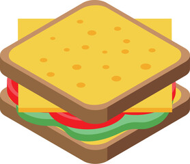 Square sandwich with cheese, tomato and lettuce prepared with toasted bread
