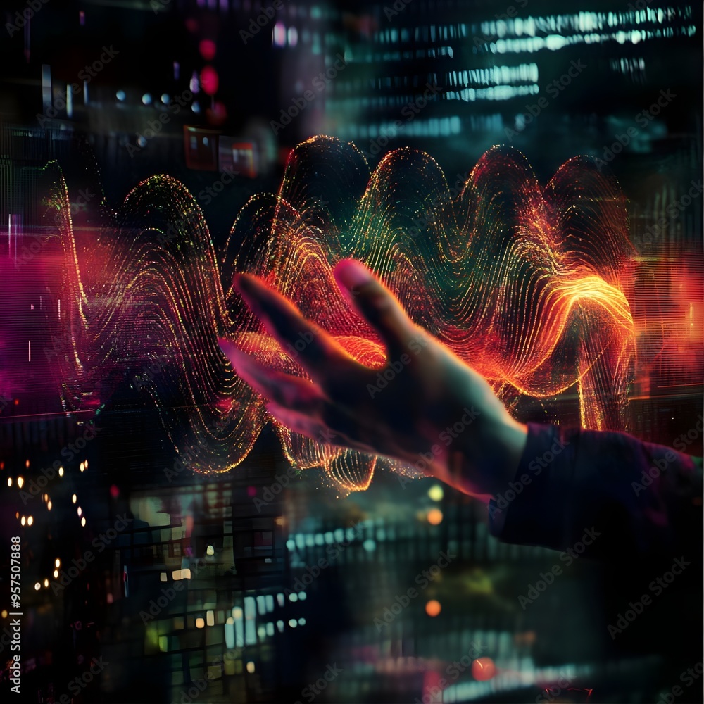 Poster performers hand touching sound wave digital tic lighting background image