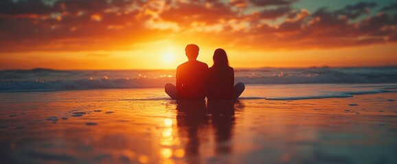 Silhouette of couple sitting on beach at sunset with ocean in background.