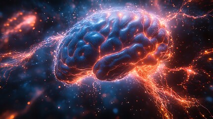 Obraz premium Human brain stimulation or activity with neuron close-up 3D rendering illustration. Neurology, cognition, neuronal network, psychology, neuroscience scientific concepts design 