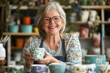 Fototapeta premium Joyful senior woman engaged in painting a cup in art studio as a retirement hobby and business