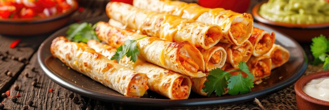 Chicken flautas accompanied by cheese cream and guacamole presented at a traditional Mexican restaurant.