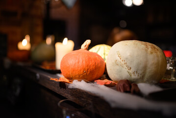 Halloween Decorations: Festive Scene with Spooky Pumpkins, Ghosts, Cobwebs, and Eerie Lights Creating a Haunted Atmosphere
