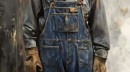 Close-up of a man wearing blue denim overalls and leather gloves.