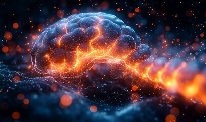  Human brain stimulation or activity with neuron close-up 3D rendering illustration. Neurology, cognition, neuronal network, psychology, neuroscience scientific concepts design 