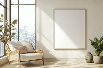 Poster Frame in Beige minimalist living room interior created with generative AI