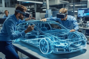 Team of automobile engineers collaborating on electric car prototype in virtual reality environment