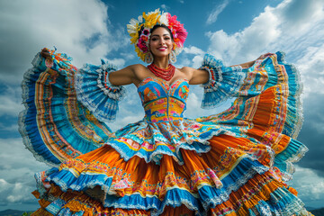 A woman in a colorful dress is dancing in the air