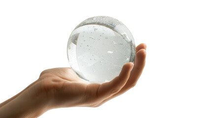 Hand holding a clear glass sphere filled with water isolated on transparent background