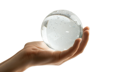 Hand holding a clear glass sphere filled with water isolated on transparent background
