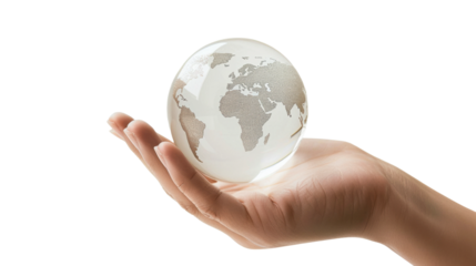 A hand holding a transparent globe showcasing world continents isolated on transparent background