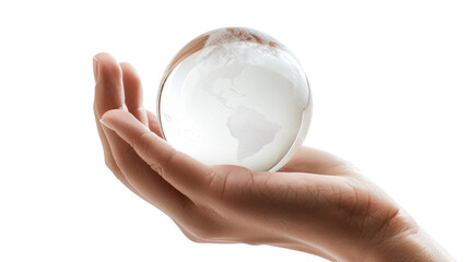 Hand holding a transparent globe symbolizing global awareness and care isolated on transparent background